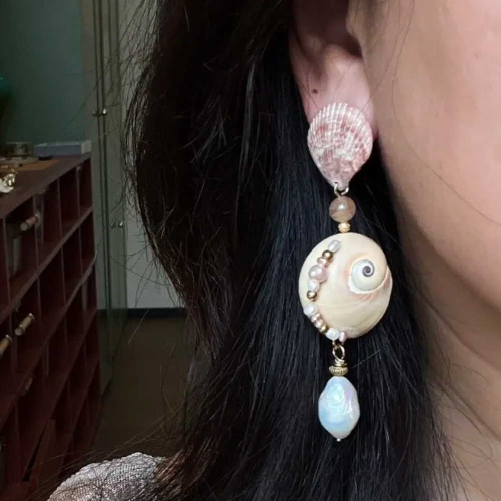 Handmade Seashell & Pearl Statement Earrings โโ One-of-a-Kind Ocean Treasure - Picture 5 of 5